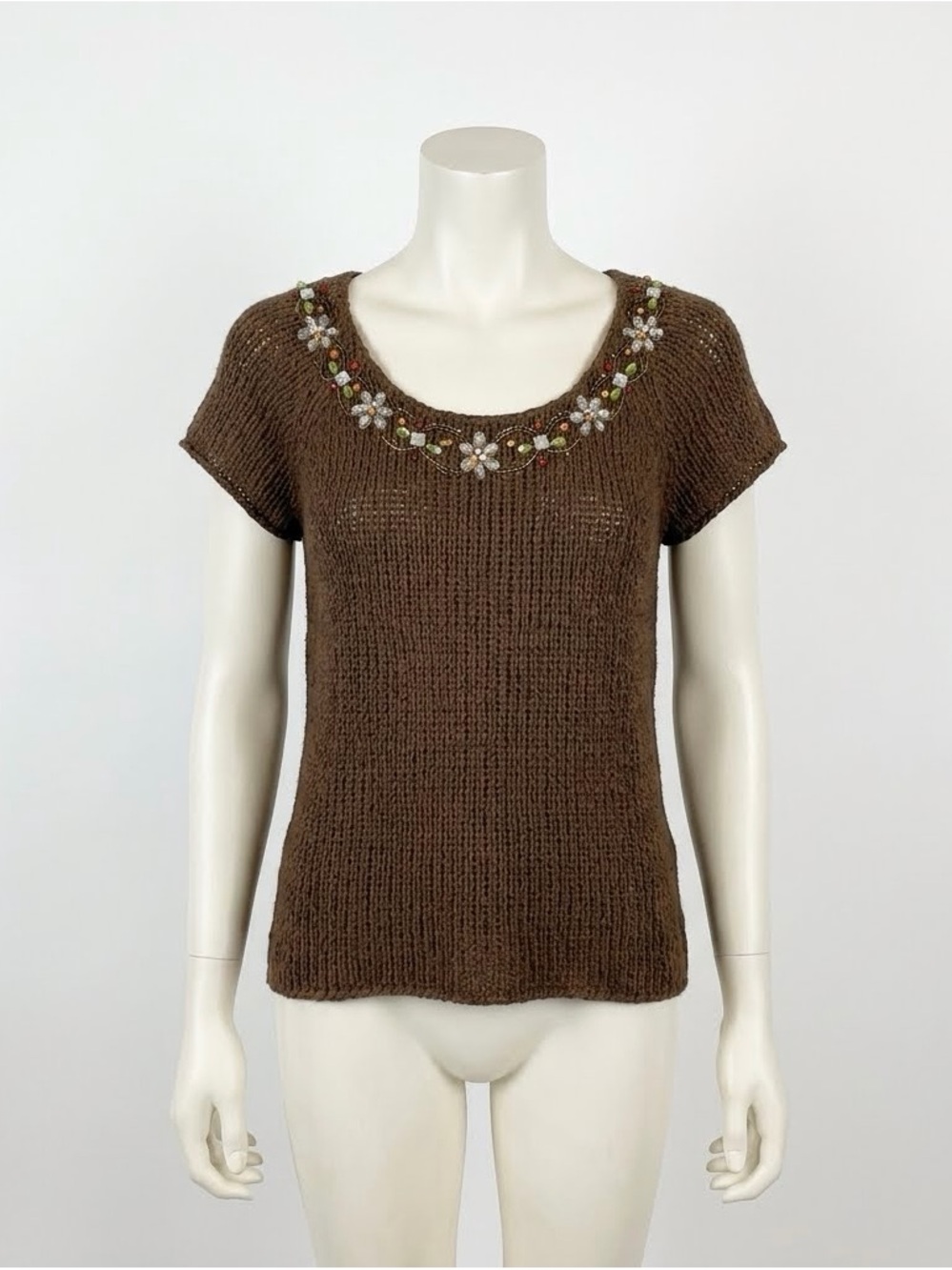 Ness Brown beaded knit top floral embroidery size S